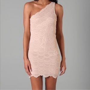 Nightcap One-Shoulder Lace Dress in Nude / Tan